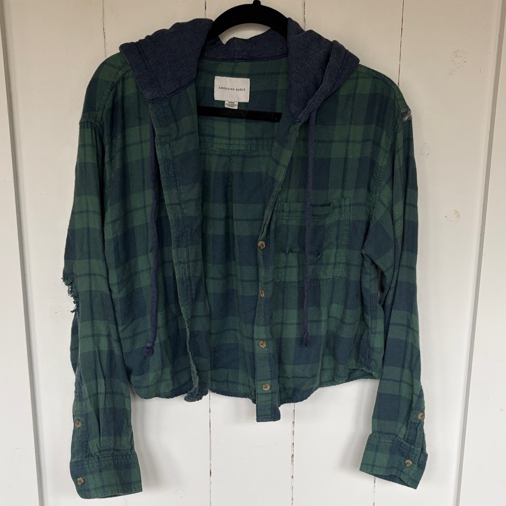 American Eagle Green Checkered Hoodie